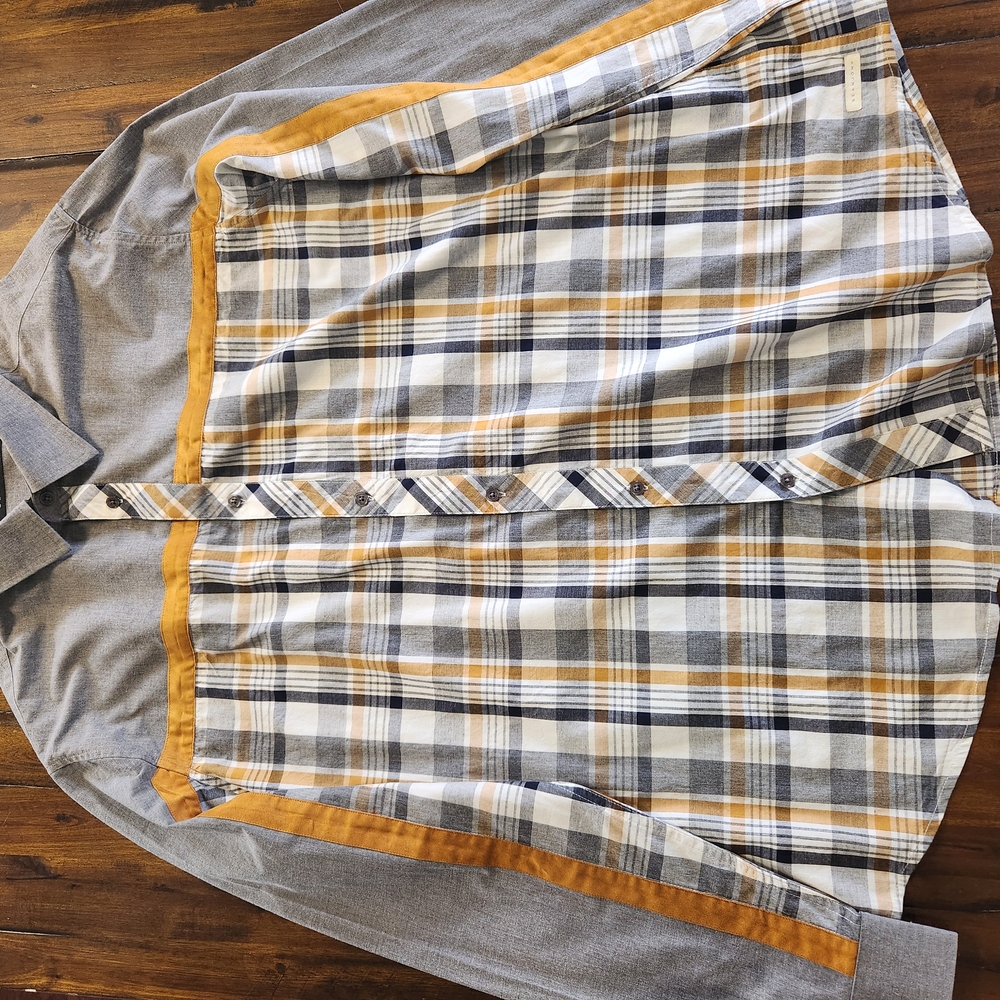Sean John Gray and Gold Plaid Dress Shirt